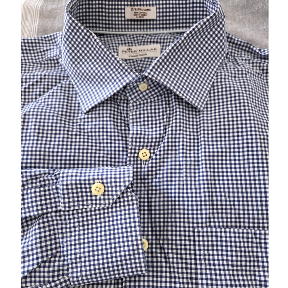 Peter Millar Crown Finish Blue Gingham Check L/S Cotton Shirt Mens 17 Extra Long
